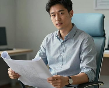 Portrait of a young professional man sitting in a light blue modern office chair, holding a blueprint roll, looking toward the camera.