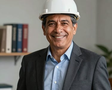 A professional portrait of an experienced South American civil engineer in a business casual outfit, smiling confidently. Soft, neutral office background with technical books.