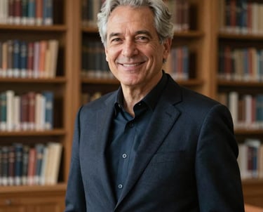Portrait of a professional man in his 50s with grey hair and a friendly smile, wearing a dark navy suit jacket, standing in a library-like setting.