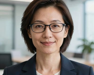 Headshot of a mid-career professional woman with glasses, smiling softly, in a bright office environment. Soft blue accents in the background.