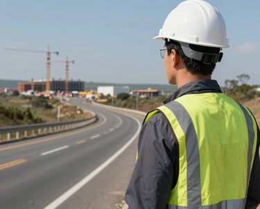 A professional photography of a civil engineer in a white hard hat standing on a highway overlook in South America, looking towards a horizon of infrastructure development. Daytime lighting with clear blue skies.