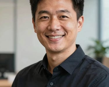 A person in a dark professional shirt looking directly at the camera with a confident, welcoming smile. High-key lighting in a clean office. North American / US setting.