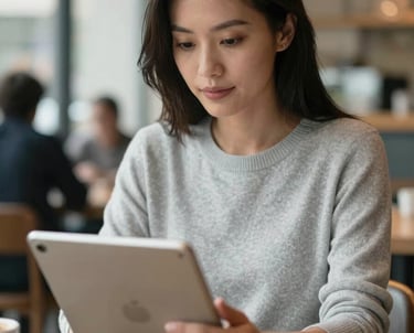 A professional woman in a light gray sweater working on a tablet in a bright, modern cafe setting. She looks approachable and competent. North American / US urban environment.