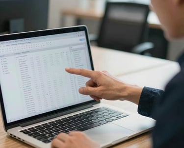 A person pointing to data on a laptop screen while explaining it to another person (out of frame). The focus is on the collaborative and supportive interaction. North American / US office.