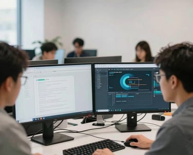 A clean, modern tech office with developers working at dual monitors. The scene is bright and energetic. North American / US startup context.