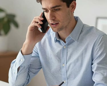 A man in a smart casual shirt speaking on a phone while taking notes on a notepad. He looks focused and helpful. The background is a clean, modern home office. North American / US context.