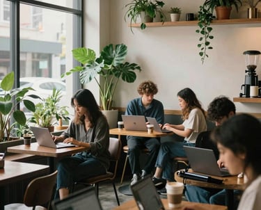 An inviting, artisan coffee shop interior with plants and customers using laptops. Reflects the spirit of small business. North American / US location.