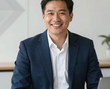 A professional man in a navy blue blazer smiling at a desk. Behind him is a wall with subtle geometric art. The scene is bright and professional. North American / US business context.