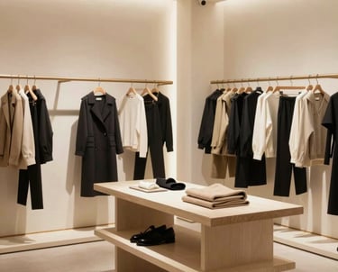 A high-end interior of a modern fashion boutique with minimalist displays and warm lighting. North American / US retail setting.