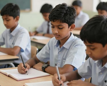 A bright classroom scene with engaged students and a passionate teacher at Wing's Academy Pune.