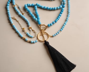 A close-up of a natural stone necklace.