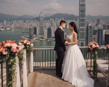 A beautifully decorated wedding setup on a terrace overlooking a city skyline.