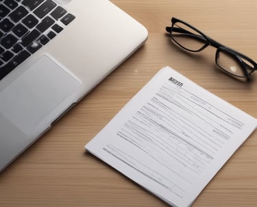 A clipboard with a blank payments checklist is placed on a marble surface next to an open laptop and a white pen. The setup appears to be organized for financial planning or administrative work.