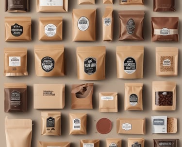A variety of packaging materials displayed on a wooden table.