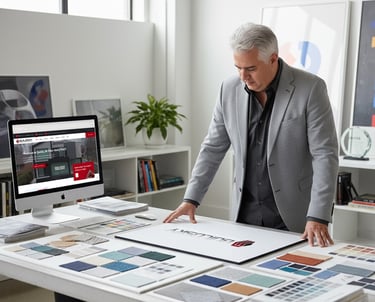 David reviewing a printed logo on board.