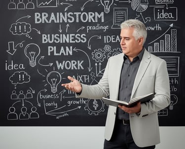 David standing in front of a brainstorm wall, presenting strategic marketing ideas.