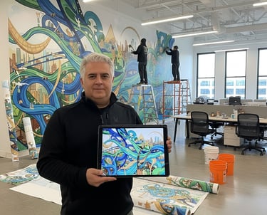 David presenting a digital illustration concept for a large-scale wall mural .