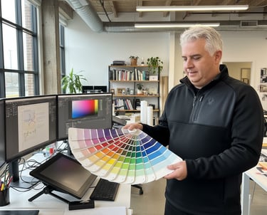 David  mantegh reviewing a color wheel in Mantegh Studio, working on packaging design.