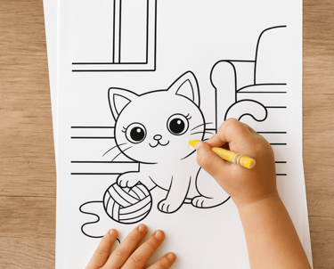 a child's hand holding a crayon and coloring in a cat