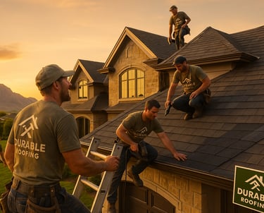 Durable Roofing crew installing new asphalt shingles on a Utah home at sunset