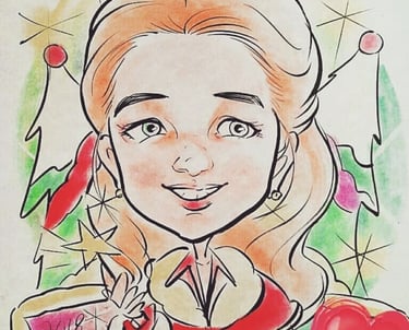 Caricature drawing of a girl in christmas costume