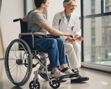 A person is seated in a wheelchair on a patio surrounded by lush green plants. The individual is smiling warmly and has their hands in a greeting or prayer gesture. The background includes architectural features and a tiled roof with trees overhead.