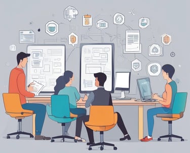 A friendly team collaborating around a table with laptops and notes.