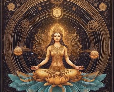 A person wearing a black t-shirt with a gold outline graphic of a mythological or spiritual figure in a meditative pose. The image captures the upper torso and partial arm of the individual in an outdoor setting.