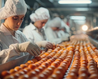 Quality control workers sorting brown eggs on a high-speed conveyor belt in a commercial egg production facility.