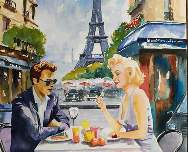 a painting of a man and woman sitting at a table