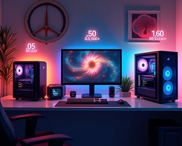 a desk with a computer monitor and speakers