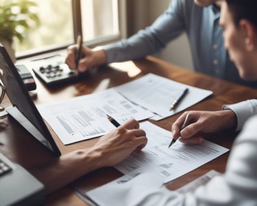 A hand holding a smartphone displaying a financial website, with information including market watch and stocks data visible on the screen. The background is a textured wooden surface.