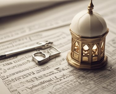 A hand holds a book with a decorative green cover displaying Arabic script and patterns. The book cover includes the title 'Al-Qur'an Wakaf' along with the branding of 'Madina'. There is a combination of ornate designs in white, gold, and green creating an intricate frame around the central text.