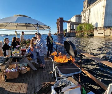 a group of people on the party raft Riga