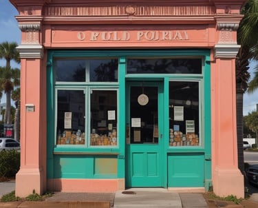 A storefront with various vintage and collectible items displayed. The signage includes a neon sign for a coin and precious metal buying establishment. There is an 'open' sign on the door, which is surrounded by various advertisements and posters. The window features a row of decorative figurines and collectibles.
