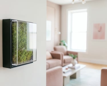 A modern living room featuring a framed moss wall art against a light wall, enhancing interior decor.