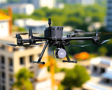 a small drone flying over a city