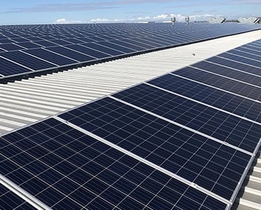 Row of rooftop solar panels installed on a commercial metal building for renewable energy.