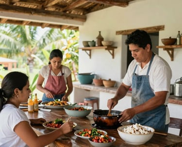 A vibrant cooking class showing fresh Nicaraguan ingredients in an open-air kitchen.