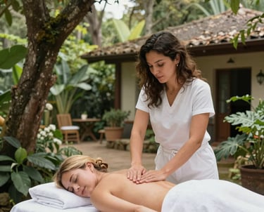 A peaceful hands-on massage in a tropical garden setting under lush green trees.