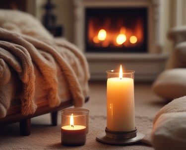 A lit candle with a label that reads 'Only For You, Handmade Candle, Aromatherapy Experts' is placed against a dark background. The candle emits a soft, warm glow surrounded by a subtle blue mist or smoke.
