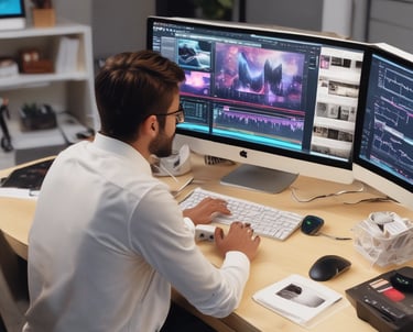 A bright, creative studio space featuring a table covered with various art supplies, including paints, glue, and paper cutouts. On the floor, a white sheet displays an array of colorful handmade cards and artwork. An easel holds a canvas with an abstract painting, and the walls are lined with large paintings, some leaning on the floor. The room is well-lit by three large windows in the background, allowing natural light to fill the space.