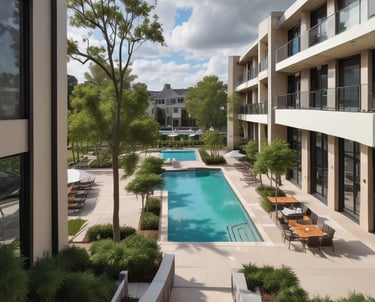 A modern multi-story building with numerous windows, featuring a central entrance labeled 'Leasing Office'. A pathway leads up to the entrance, bordered by manicured plants and palm trees. A zebra crossing stretches across the asphalt road in front of the building.