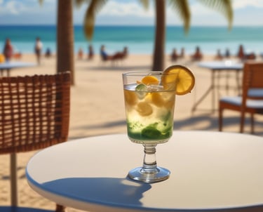 A beachfront view from inside a restaurant with several set tables and empty wine glasses. In the background, a lively beach with numerous people enjoying the water and colorful beach umbrellas can be seen. The backdrop features charming multicolored buildings typical of a coastal town.