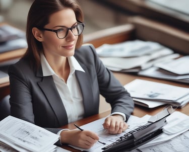 a woman in a suit and glasses is sitting at a desk