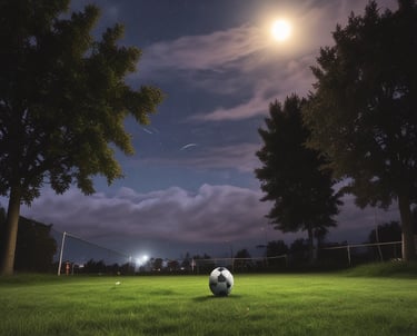 A group of young soccer players on a well-lit field at night, engaging intensely in a practice session. Some players are wearing blue jerseys while others are in green bibs, indicating teams or positions. The field is surrounded by a net and illuminated by bright floodlights, with trees visible in the background.