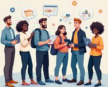 a group of people standing with laptops in hand