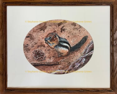 Framed ink painting of a chipmunk eating a nut near a pinecone by Stephanie Grimes.