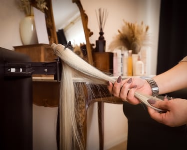 Blonde Tresse mit barockem Frisiertisch im Hintergrund
