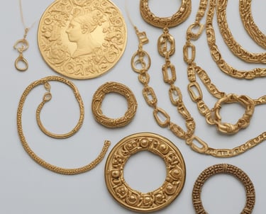 a collection of gold jewelry and jewelry